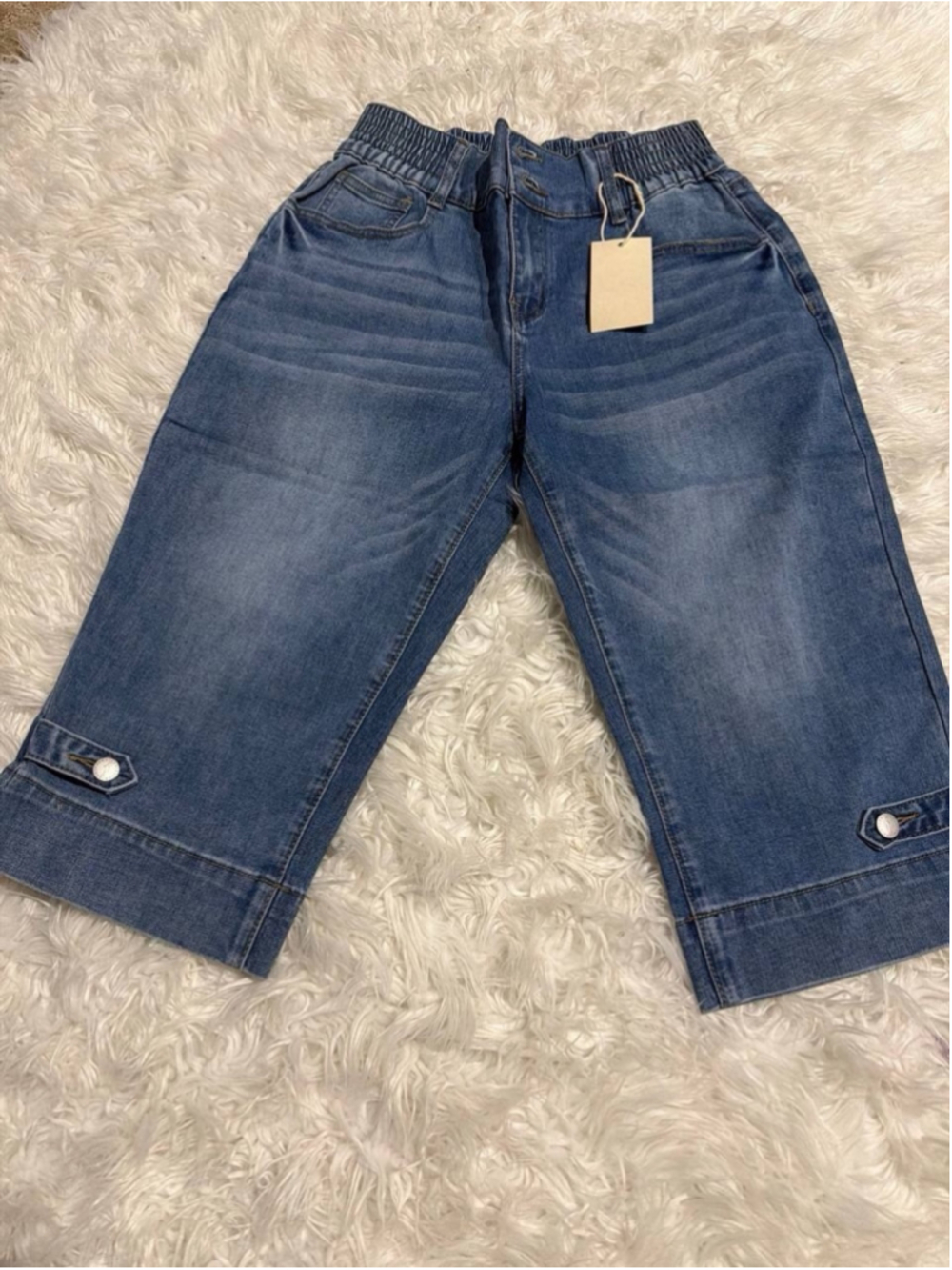 Flamingals Wash Button Tab Elastic Mid Rise Straight Leg Capri Jeans M